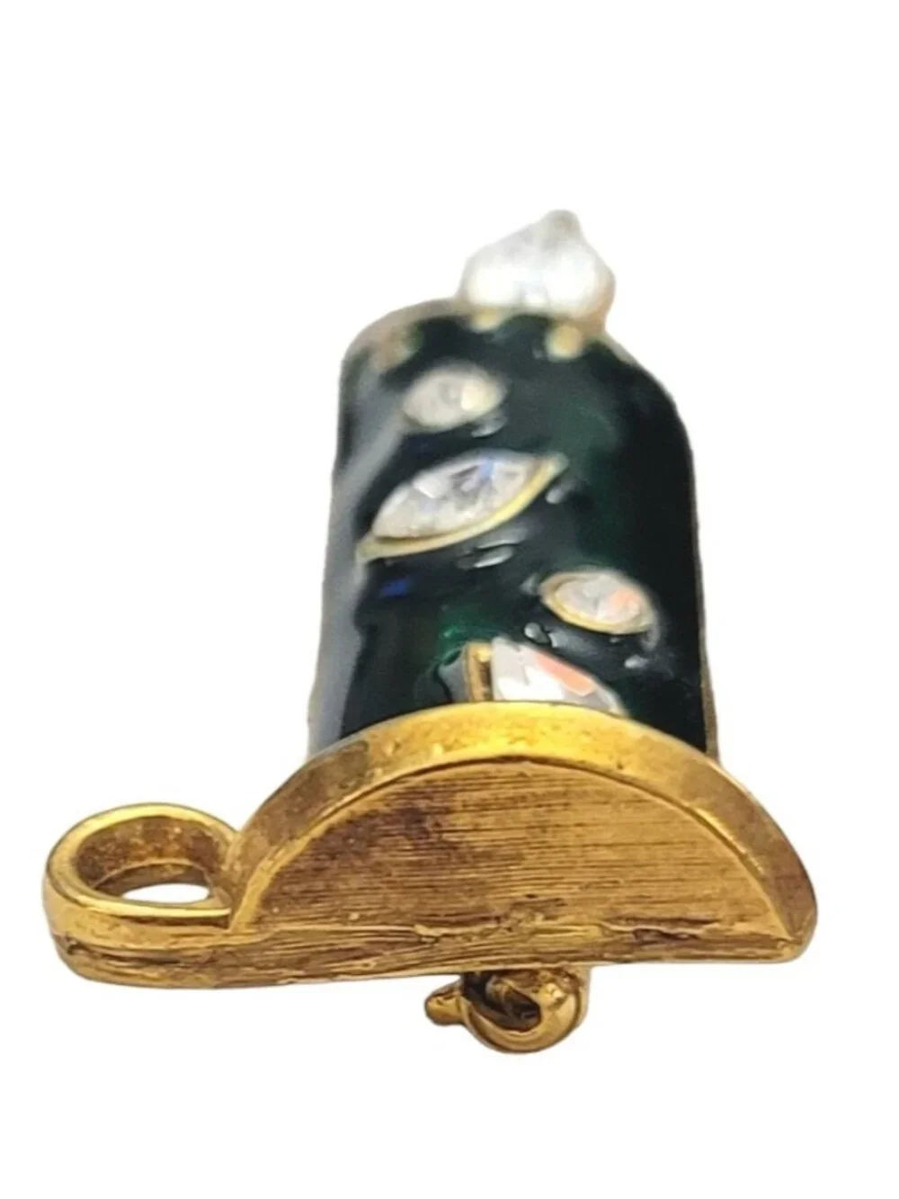 Gold Tone Green Enamel Clear Rhinestone Christmas Candle Brooch Pin K662